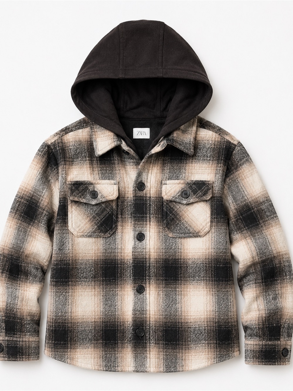 Kids Zara Black and Cream Plaid Hooded Jacket